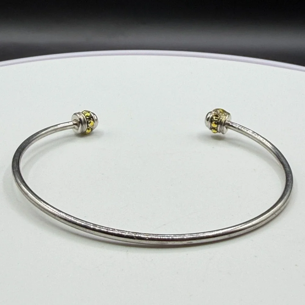 Silver Tone Open Cuff Bracelet Yellow Crystal Beaded End Caps Minimalist Jewelry